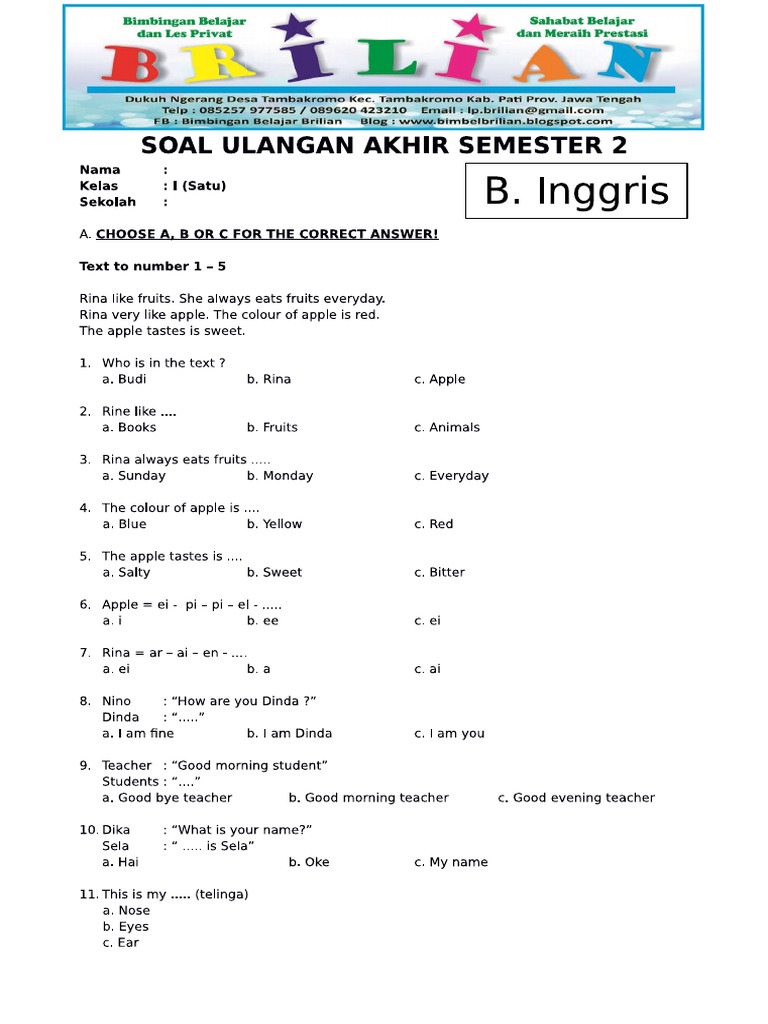 Akhirnya! 60+ Soal Ulangan Bahasa Inggris Kelas 1 2026 Lengkap Kunci Jawaban
