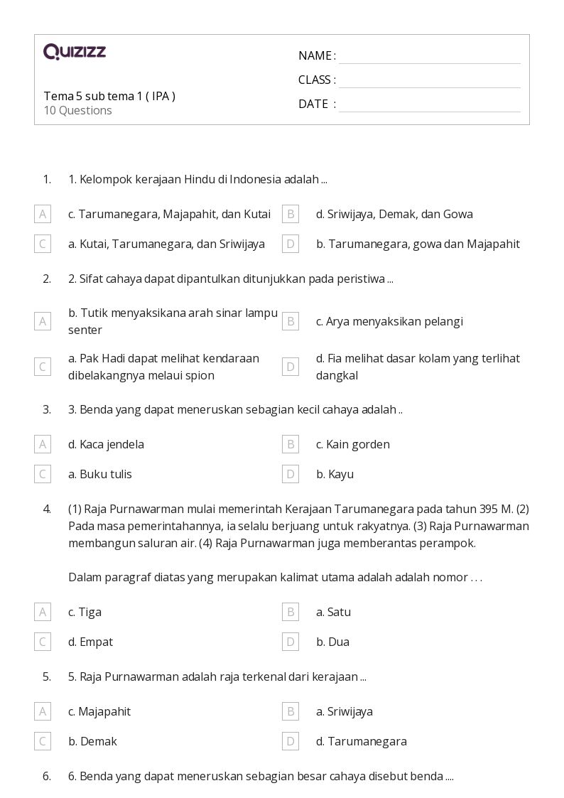 50 lembar kerja Tema untuk Kelas 4 di Quizizz Gratis Dapat Dicetak